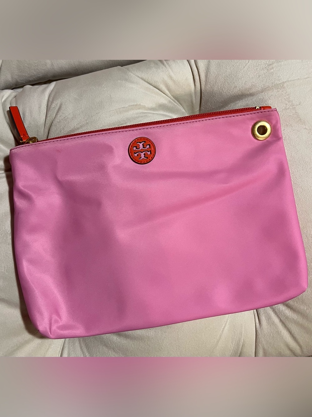 Tory Burch Pink Nylon Cosmetic Pouch Clutch Zip Travel Makeup Bag w/ Orange Logo - Picture 2 of 5
